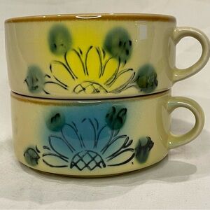 two 1970's Vintage Sunflower Soup Mug Chili Bowls Stoneware